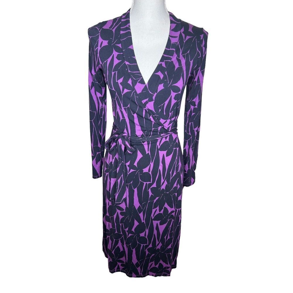 Boden Purple Black Floral Jersey Wrap Dress  Classic Womens 6